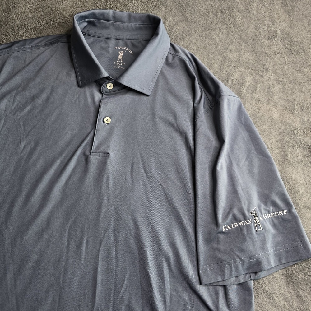 Fairway And Greene Mens M Tech Polo Solid Gray Logo S/S Performance Golf Stretch